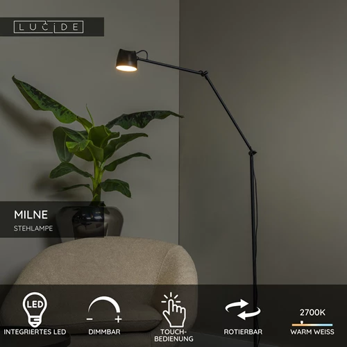 Lucide MILNE - Stehlampe - LED Dim. - 1x8W 2700K - Schwarz - USP